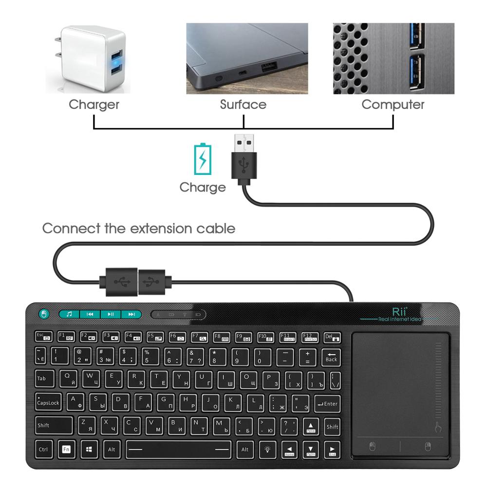 Rii  k18 plus draadloos multimediatoetsenbord (russisch/amerikaans/frans/hebreeuws) met 3- led-kleurenachtergrondverlichting en multitouch voor tv-box en pc