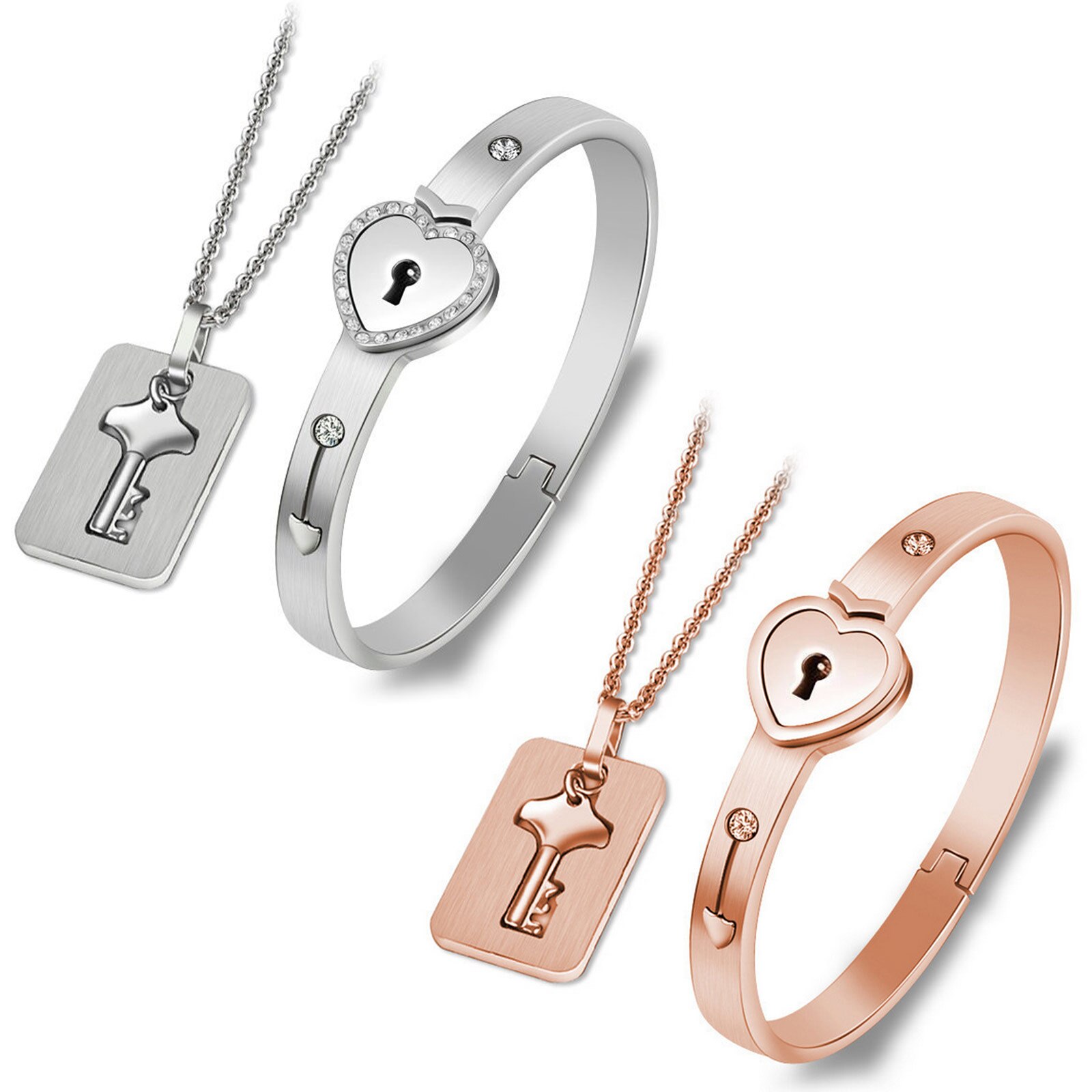 Behogar 2Pcs Koppels Hart Sleutel Hanger Ketting Lock Bangle Armband Set Voor Verjaardag Valentines