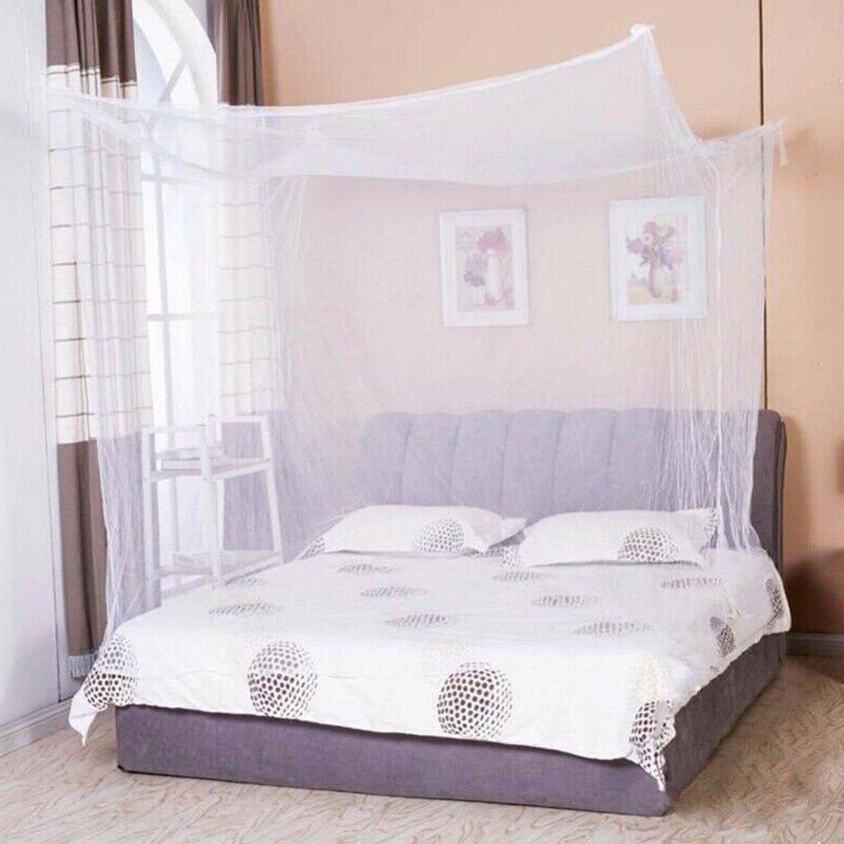 Myggenet blonder seng myggenet 4 hjørne stolpe seng baldakin prinsesse fuld størrelse futon net hjem tekstil: Hvid