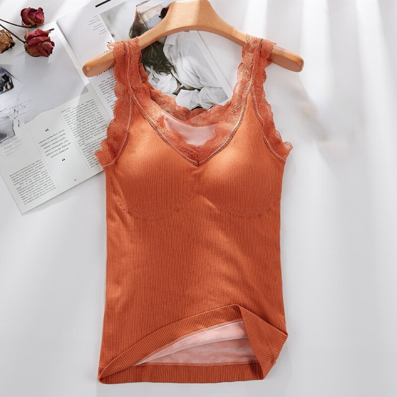Débardeur Sexy en velours et dentelle pour femme, sous-vêtement thermique, col en v, Slim et , Camisole en coton, grande taille, 40-90Kg: Brown / L 67.5-95 kg