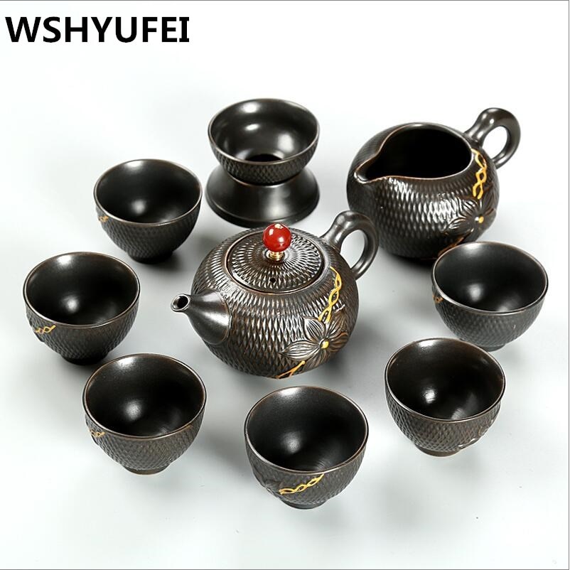 7pcs/10pcs lot Yixing tea set purple ceramic teapot wedding set of tea cups solid wood tea tray tea ceremony on