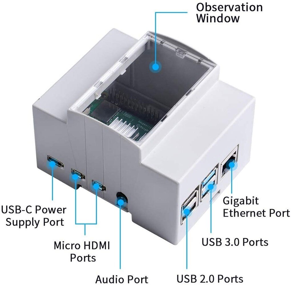 Raspberry Pi 4B ABS Case with Cooling Fan,Aluminum Heatsink on DIN Rail -Modular Box for Electrical Panels for Pi 4 Model B