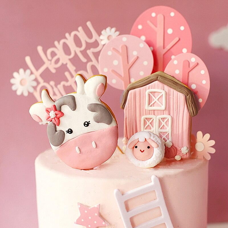 Pink Happy Farm cow tree Cake Toppers for kid's birthday cake Children's Day Party Baby Happy Birthday Supplies Lovely