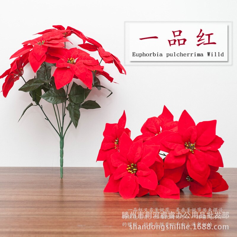 7 gaffel julstjärna imitation blommor 7 huvud jul blomma jul röd siden blomma konstgjord jul blomma krukväxt f