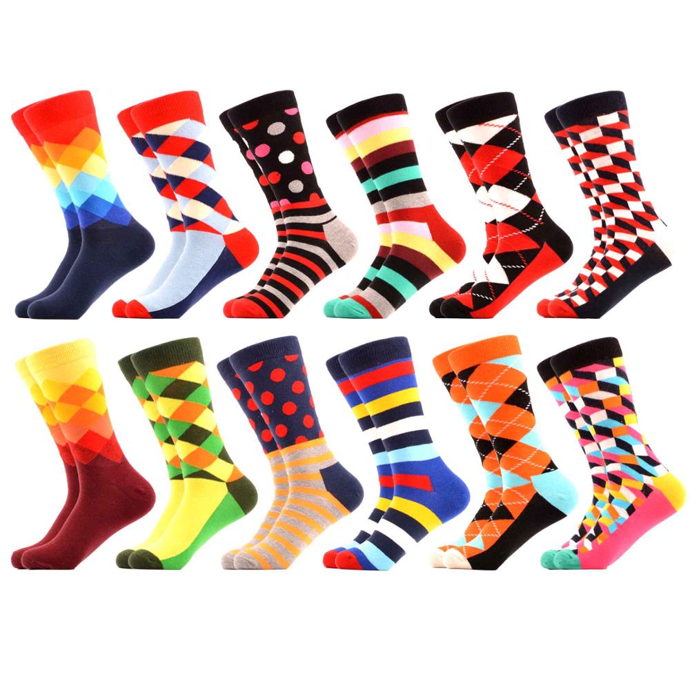 SANZETTI 12 Pairs/Lot Men Combed Cotton Casual Tube Socks Colorful Dress Striped Plaid Comfortable Party Classic Socks: 05229