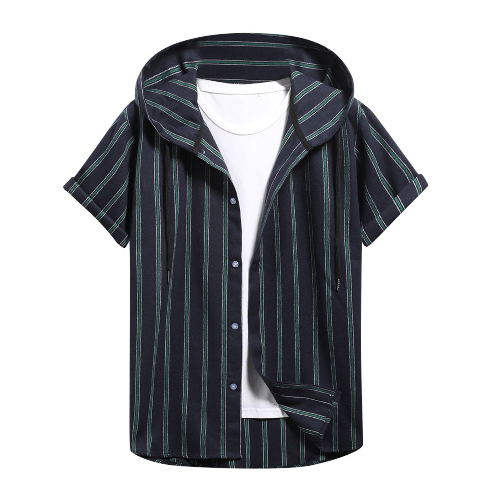 Summer Shirt For Men Spring Casual Dress Shirt Clothes Slim Plaid Short Sleeve Shirts Hooded Shirts Top Blouse рубашка мужская: Navy / M