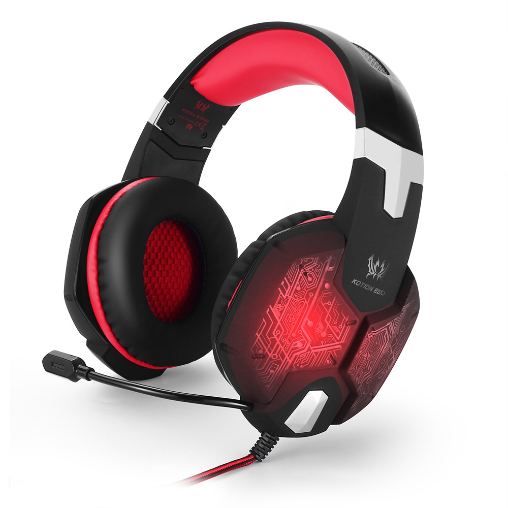 KOTION EACH G1000 Game Headset Deep Bass Game headphones Computer Stereo Gaming headphones LED light with microphone for PC Gam: G1000 Black red