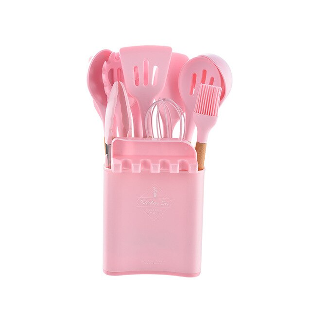 Silicone Cooking Utenils Spatula Spoon Kitchen set Wooden Handle Silicone Kitchenware Set on-Stick Cooker Cooking Spoon: Pink