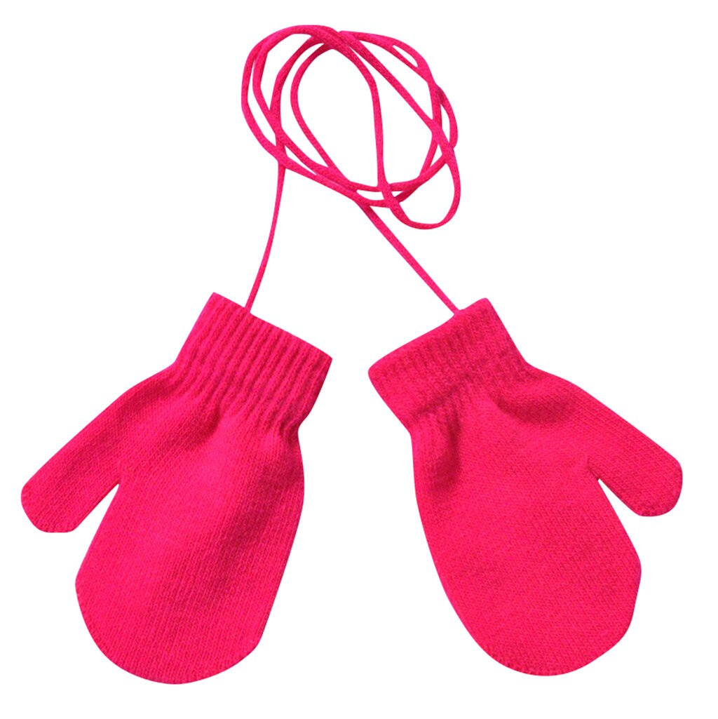 Kinderen Solid Dikke Gebreide 1-4Years Handschoenen Kinderen Winter Warm Solid Gebreide Leuke Met String 6 Kleuren Handschoenen Варежки Зимние: Hot Pink
