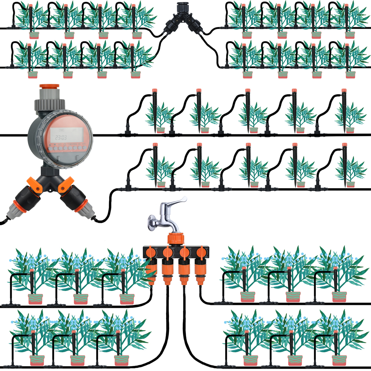 Drip Irrigation System 1/4" Hose 360 Degree Adjustable Sprinkler Kit 4-Way Garden Watering Inserting Ground Micro Flow Dripper