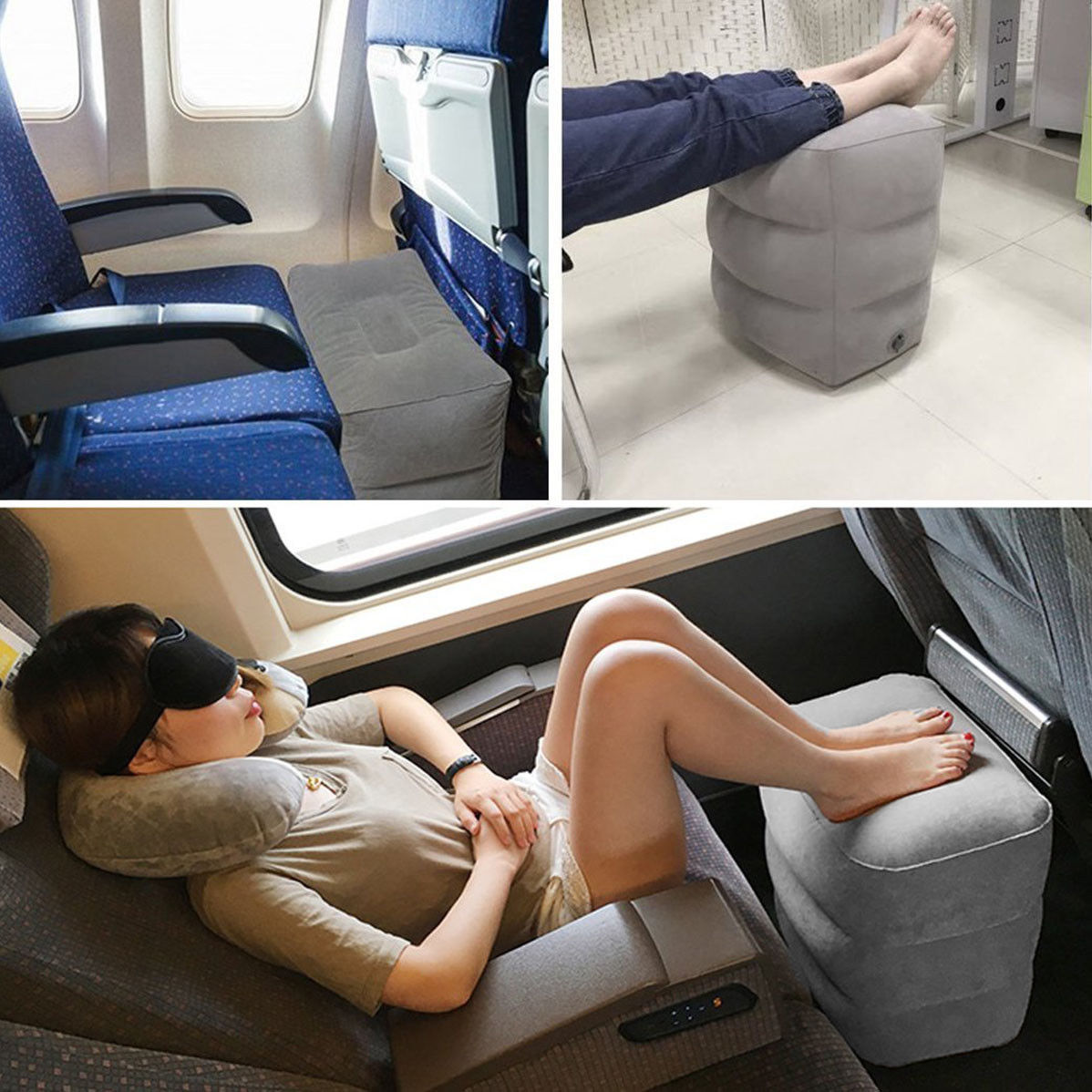 1 unidad de almohada inflable portátil para reposapiés de viaje, tren de avión, coche, cama de niños adultos, reposapiés, almohadas grises sin bolsas