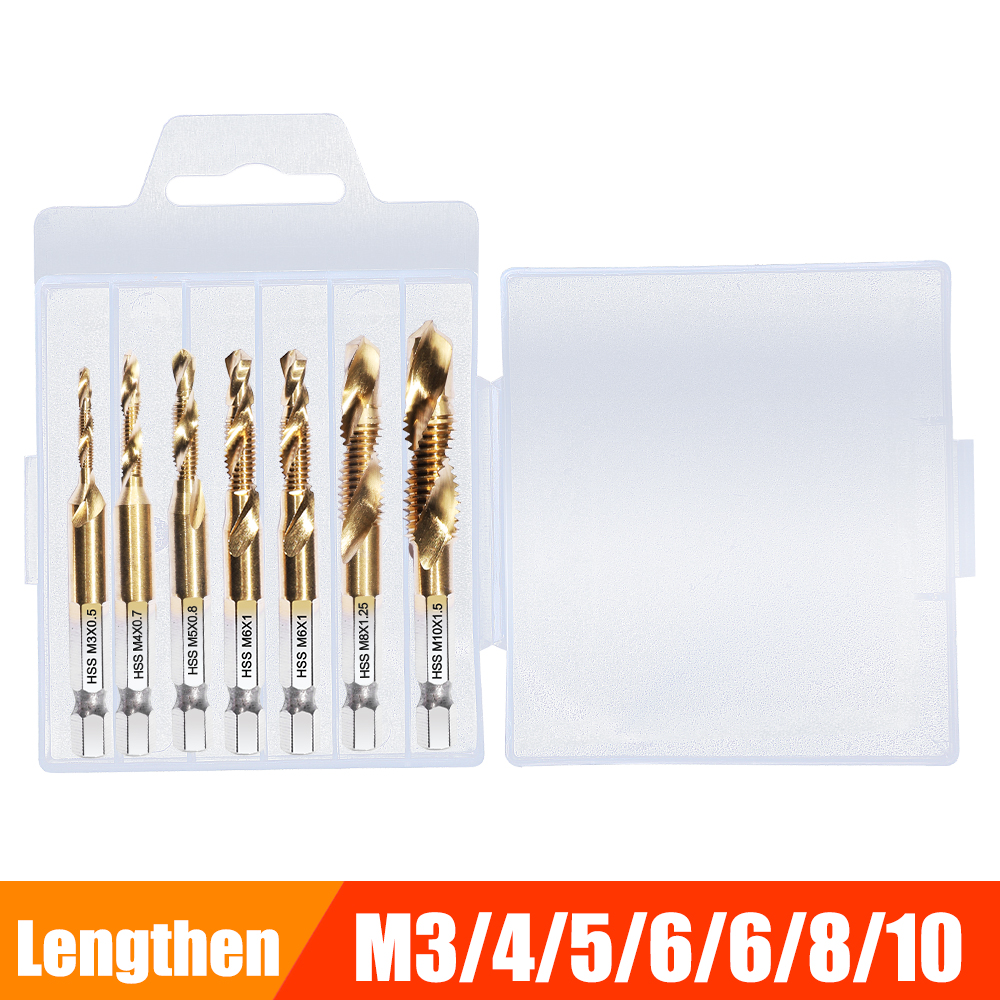 Metric Thread Tap Drill Bits Set Hex Shank HSS Titanium Plated Screw Thread Combination Drill Tap M3 M4 M5 M6 M8 M10 Hand Tools: 7 PCS Gold Lengthen