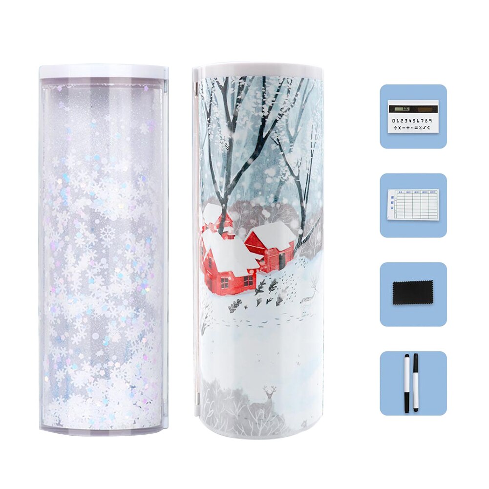 Quicksand Pencil Box Translucent Multifunction Cylindrical Pencil Case with Mirror Calculator School Student Stationery: White
