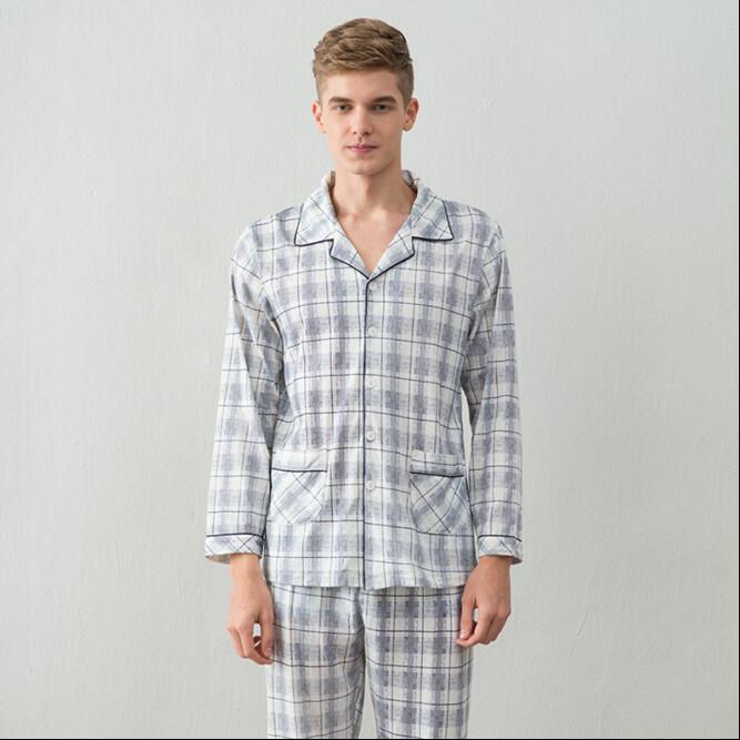 100% katoen Mannen pyjama set lente en herfst mannen pyjama Turn-down kraag lange mouwen nachtkleding nachtkleding thuis kleding: NO 2 / XL