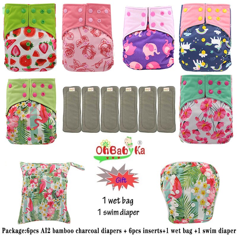 Ohbabyka AI2 wiederverwendbar Tuch Windeln für Mädchen, einstellbare Waschbar Windel 6 stücke + 6 stücke Bambus Holzkohle Einsätze + nass Tasche + Schwimmen Windel