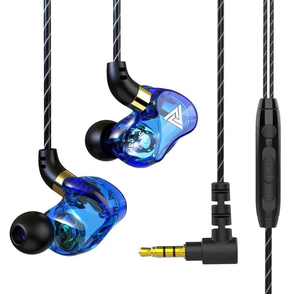 QKZ SK7 Copper Driver HiFi In Ear Wired Earphone Bass Stereo Headphone Noise Cancelling Headset Sport Earbuds 3.5MM With Mic: Blue
