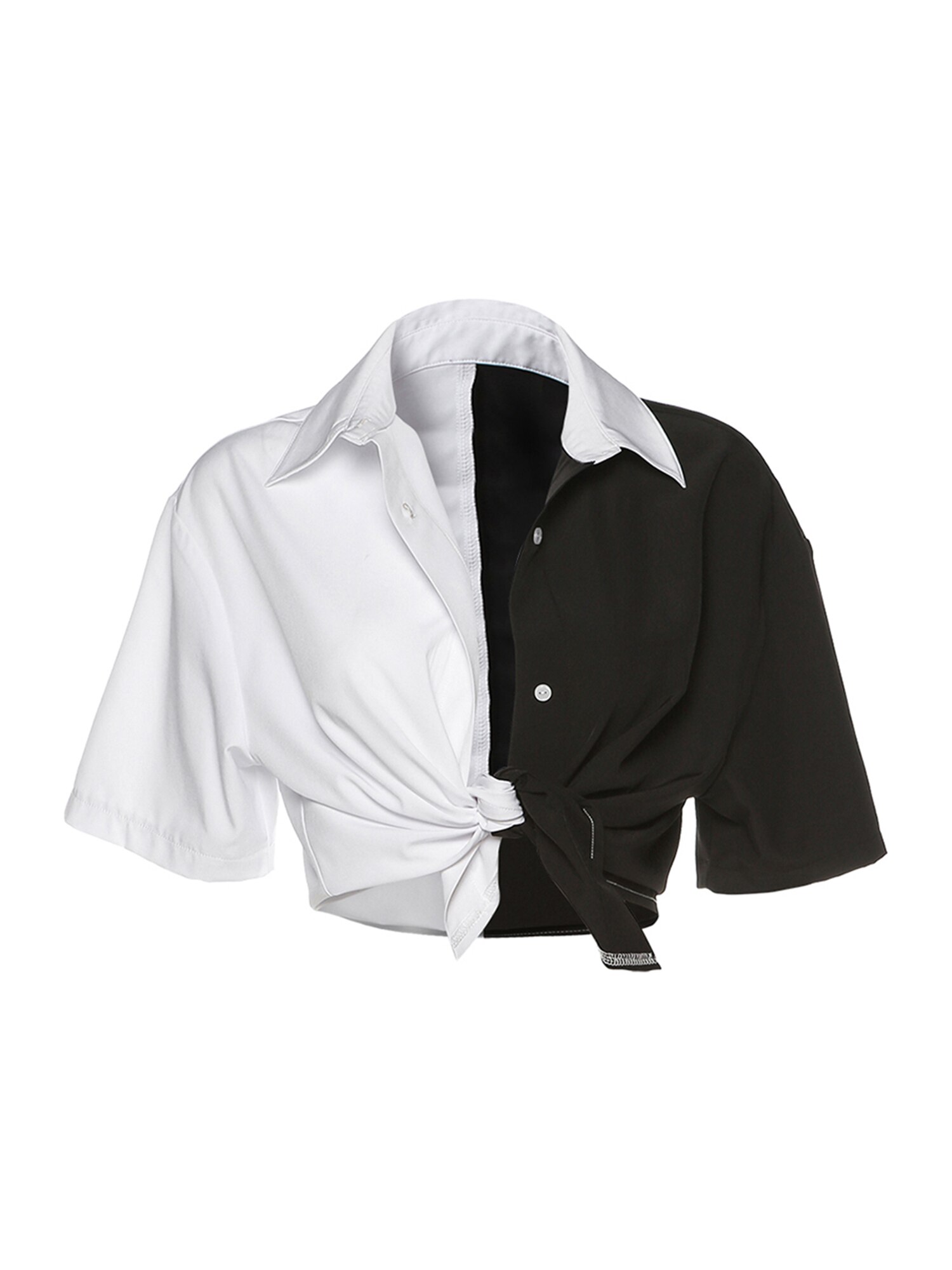 Haut court et décontracté avec boutons pour femmes, haut de nombril à contraste noir et blanc, t-shirt d'été: S