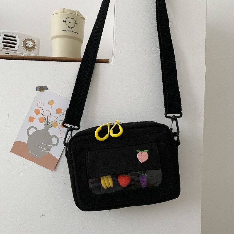 Bolsas de lona feminina 2020 novo estilo coreano frutas bordadas sacos do mensageiro claro estudantes sacos ombro crossbody sacos: Black