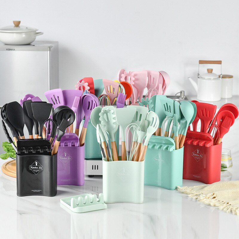 13Pcs Kitchen Silicone Cooking Utensils Set Wooden Handle Silicone Spatula Spoon Nonstick Kitchen Cooking Tools With Storage Box