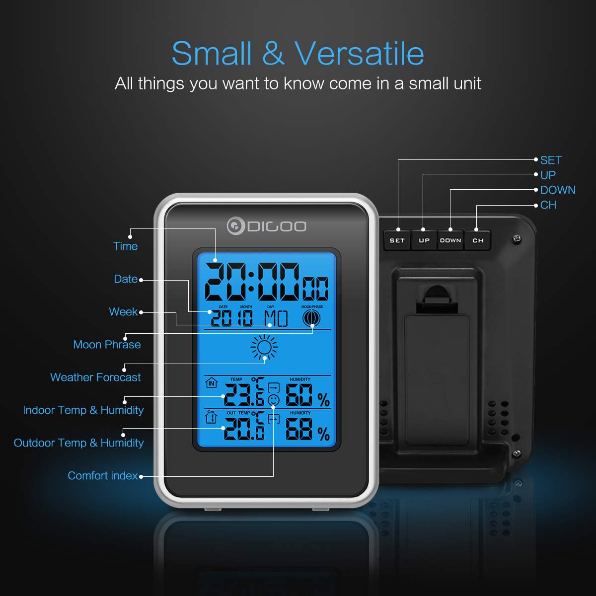 Digoo DG-TH1981 Station météo numérique LCD hygromètre thermomètre mètre sans fil intérieur extérieur prévision capteur horloge rétro-éclairage