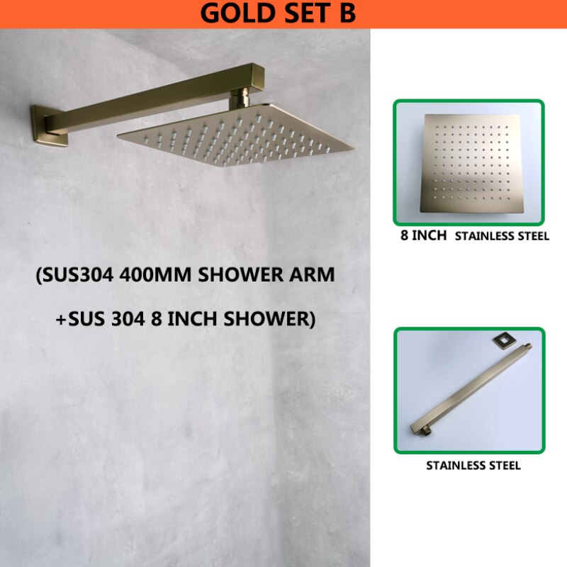 Overhead Shower Set Top Ultra Thin 8 Inch Shower Square Brushed Gold Set System Rain Waterfall 1 Function Swivel Shower Cold: SS Wall Shower Set