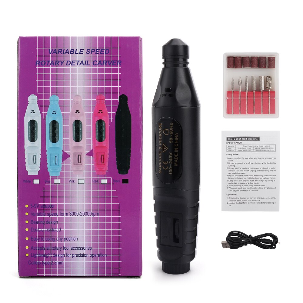 Mini perceuse à ongles électrique, meulage de vernis, outil de manucure et pédicure, ponceuse à ongles, lime, ensembles de stylos de perçage: Black