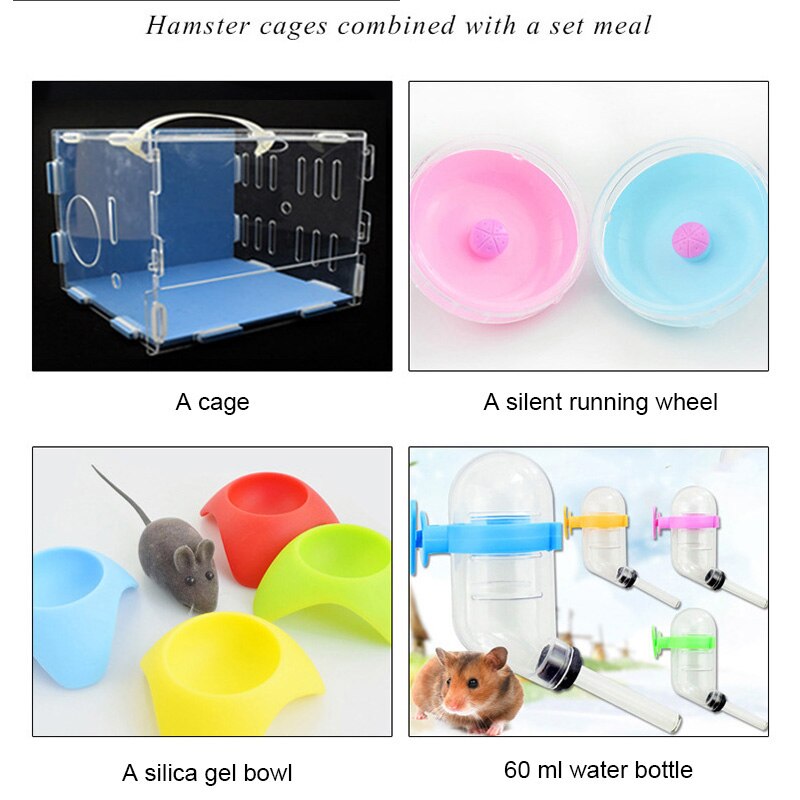 Hámster Habitat acrílico pequeño Pet Habitat jaula hámster Casa de estar caja transparente con alimentador Bol botella rueda