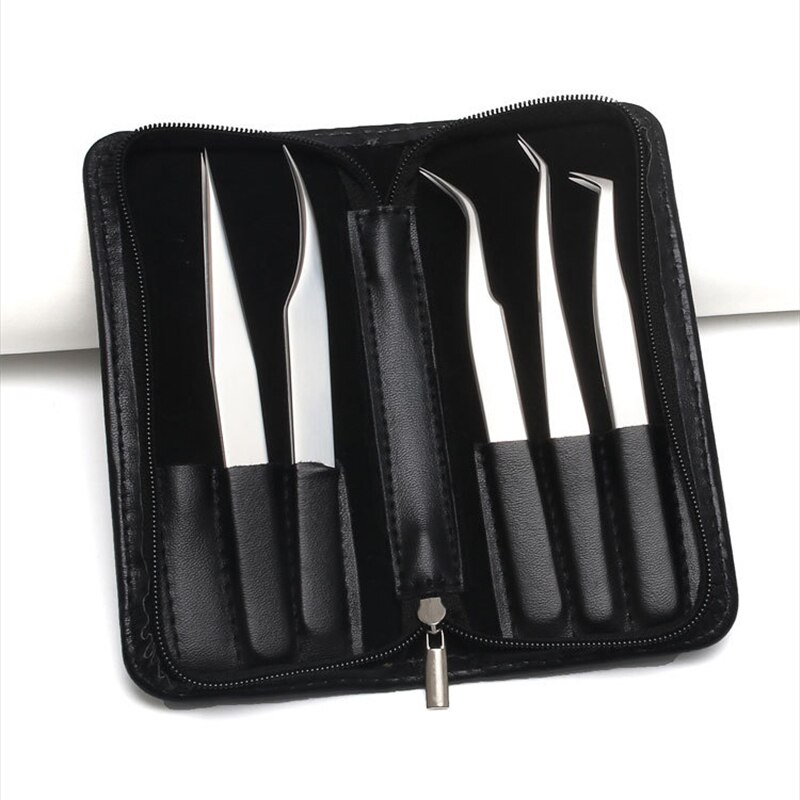 5 Pcs Rvs Anti-Statische Wimper Pincet Tool Kit Met Lederen Case Enten Wimper Extension Pincet Wenkbrauw Pincet