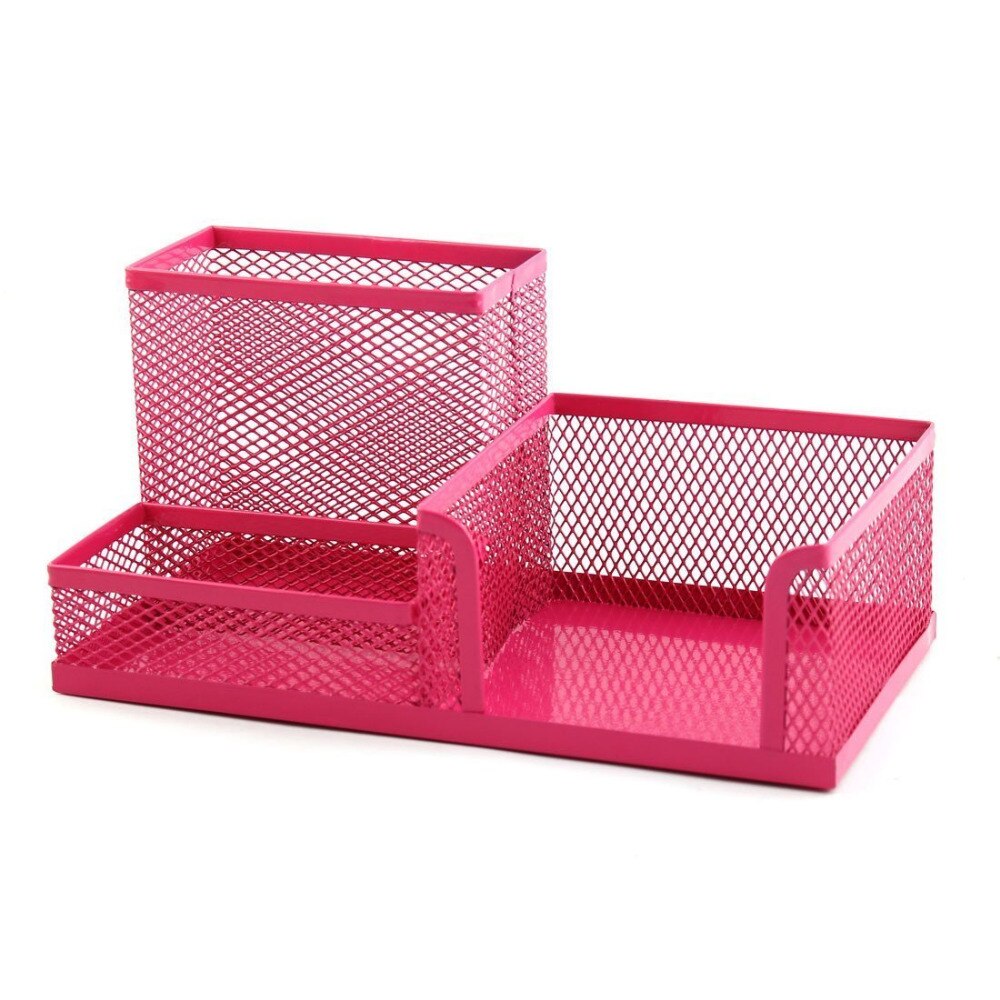 Studenten Bureau Mesh Stijl 3 Compartimenten Metalen Pen Houder Bureau Organisatoren (Rose Rood)