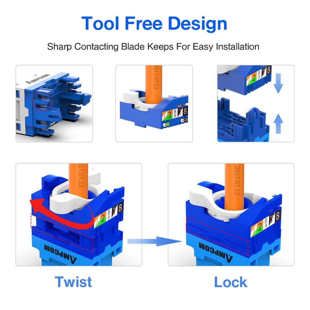 AMPCOM 10-Pack CAT6 RJ45 Tool-Less Keystone Jack, No Punch Down Tool Required UTP Module Connector White