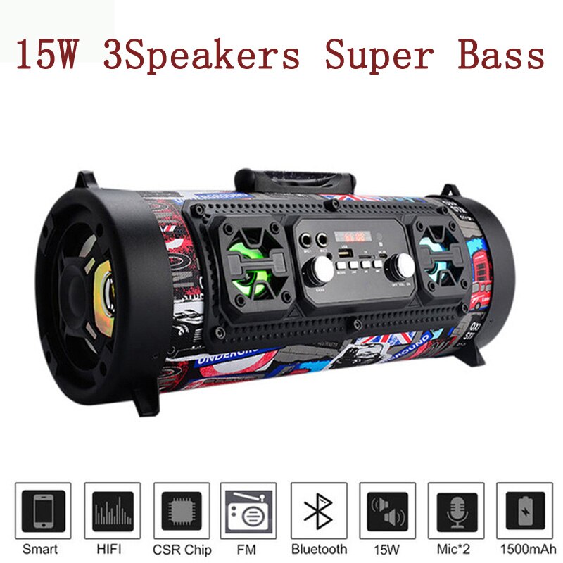 Altavoz portátil grande, altavoz Supergraves con Bluetooth para ordenador de alta potencia, Subwoofer de 15W, caja Boom de centro de música con USB AUX FM