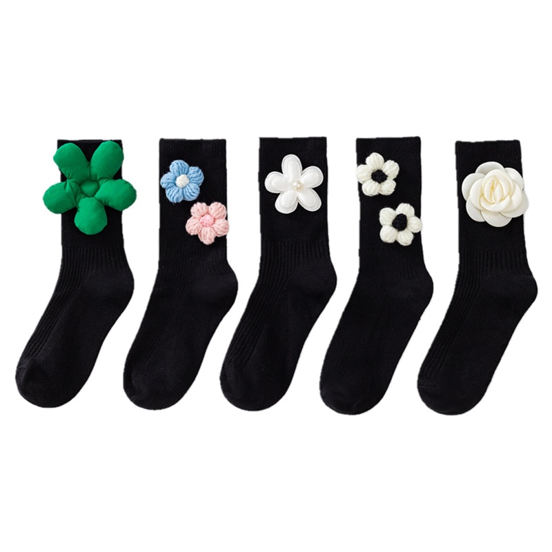 Sweet Baby Child Girls calze a tubo centrale nere con fiore 3D Floret calzini per bambini accessori moda 1-3-4-6-7-10 anni primavera
