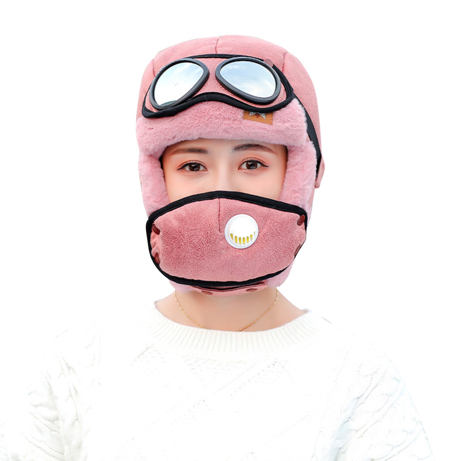 Cycling Windproof Outdoor Hat with Ear Flap and Breathing Valves Face Cover Goggles Warm Plush Full Head Hat PR: deep pink
