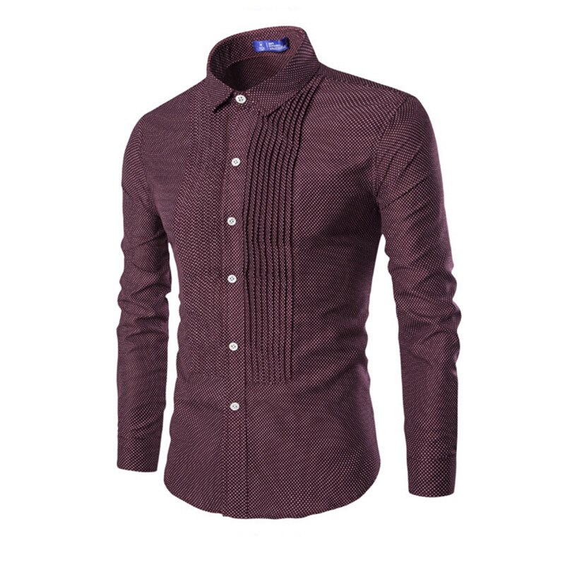 Höst, plisserade prickiga skjortor för män, långärmade, slim fit, affärsfestskjortor för män, pricktryckt skjorta m -2xl