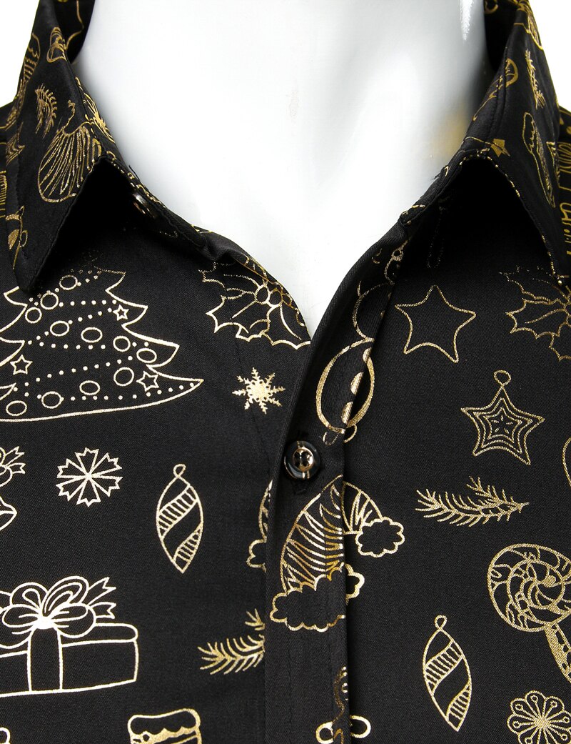 Noir noël chemise homme drôle De noël or imprimer hommes robe chemises décontracté fête bal chemise pour hommes Camisa De Navidad