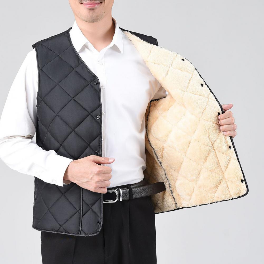 Herfst Winter Heren Vest Effen Kleur Dons Vulling V-Hals Mouwloos Warm Vest Zachte Knoop Sluiting Koud-Proof Zak Jas Vest