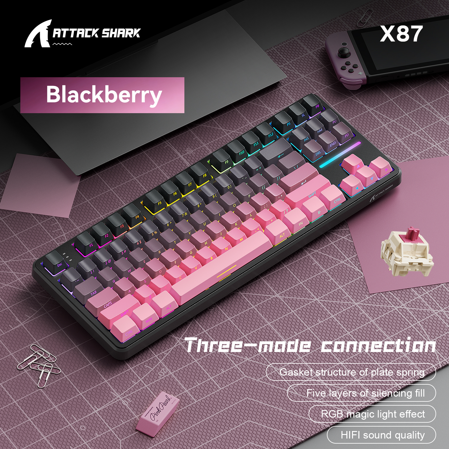 Klawiatura do gier Attack Shark X87 Macro Drive, klawiatura mechaniczna Bluetooth z grawerowaną bokiem półprzezroczystą postacią, RGB, Hot-Swap: green