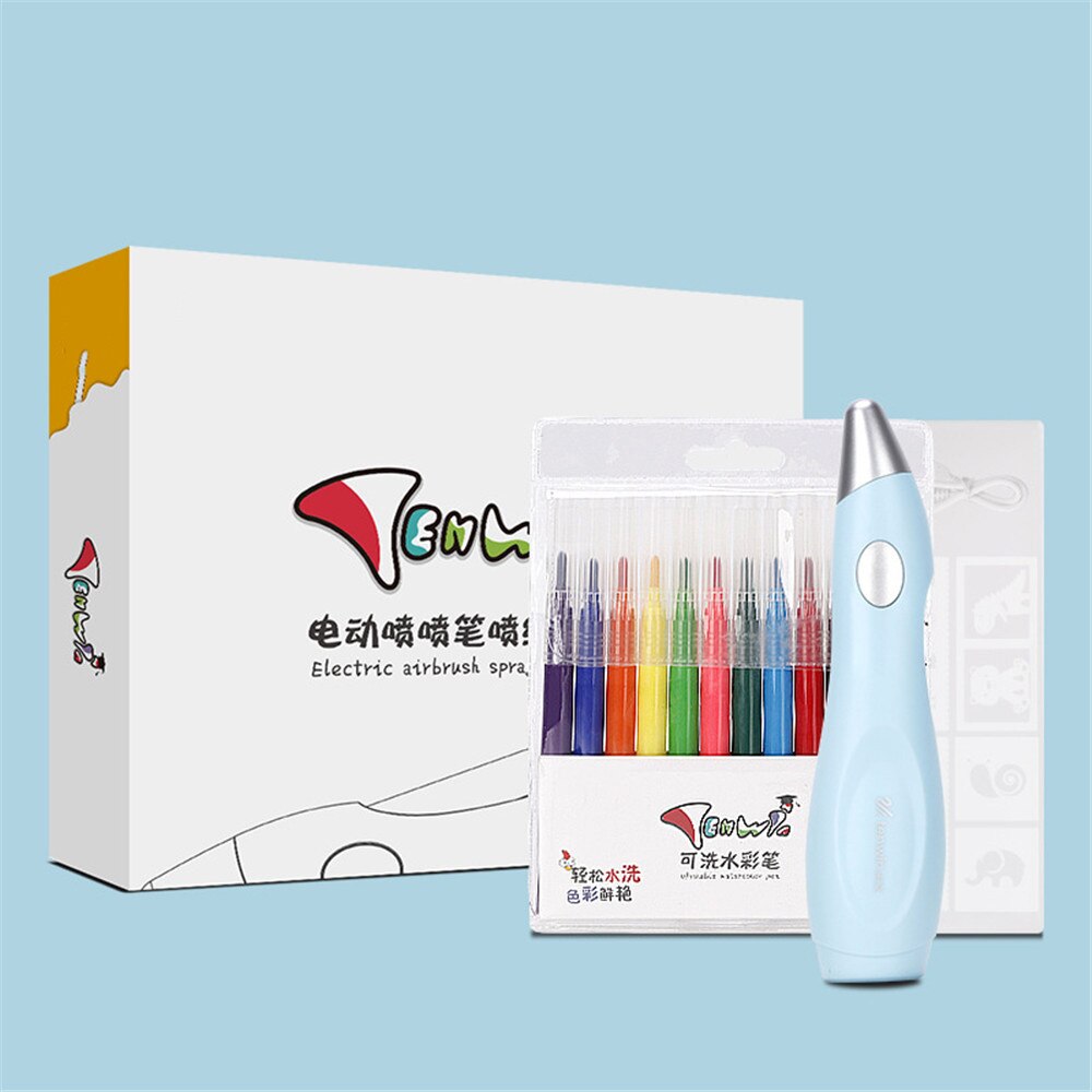 12 Kleuren Elektrische Airbrush Aquarel Pen Set Usb Opladen Elektrische Spray Pen Schilderij Tekening Set Voor Kids School Briefpapier: blue