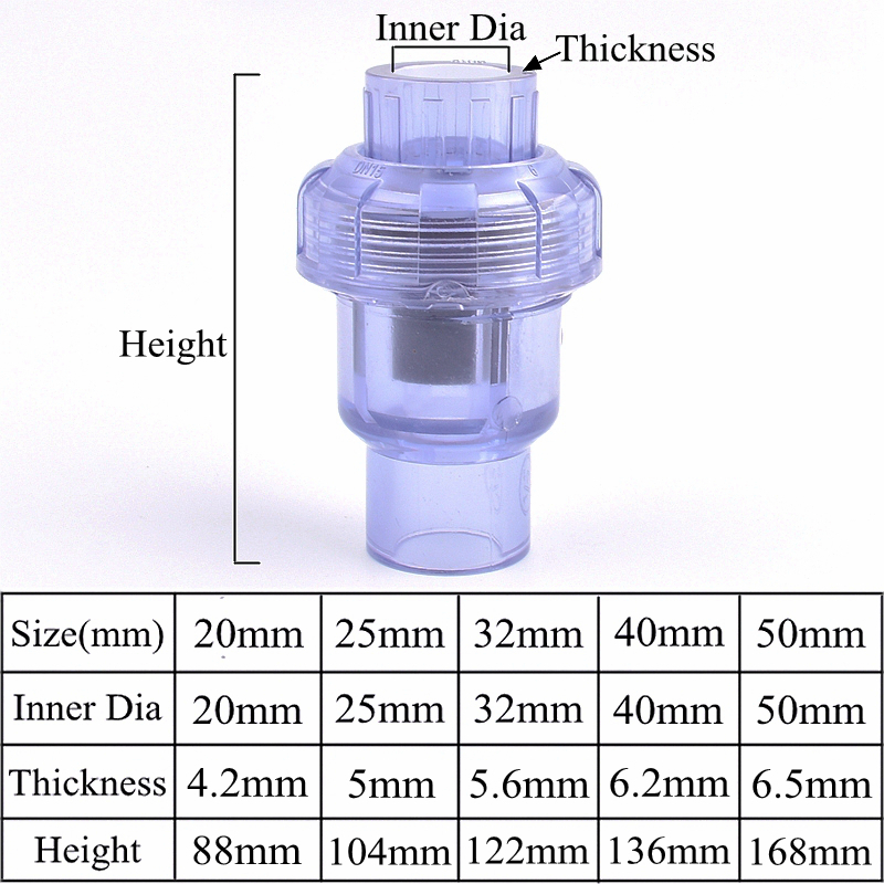 20 ~ 50mm UPVC transparent Einweg Klappe Rückschlagventil Aquarium Aquarium Union gemeinsam Kugelhahn Garten Pipeline Entwässerung Rückschlagventil: Silber / 1/2 ''
