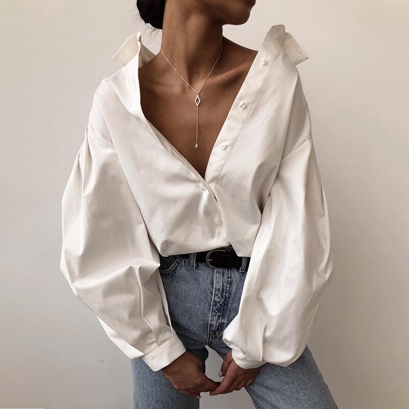 Aonibeier Lady Shirt Exaggerated Lantern Sleeve Button Front Women Casual Blouses Spring Autumn Loose White Shirts Tops