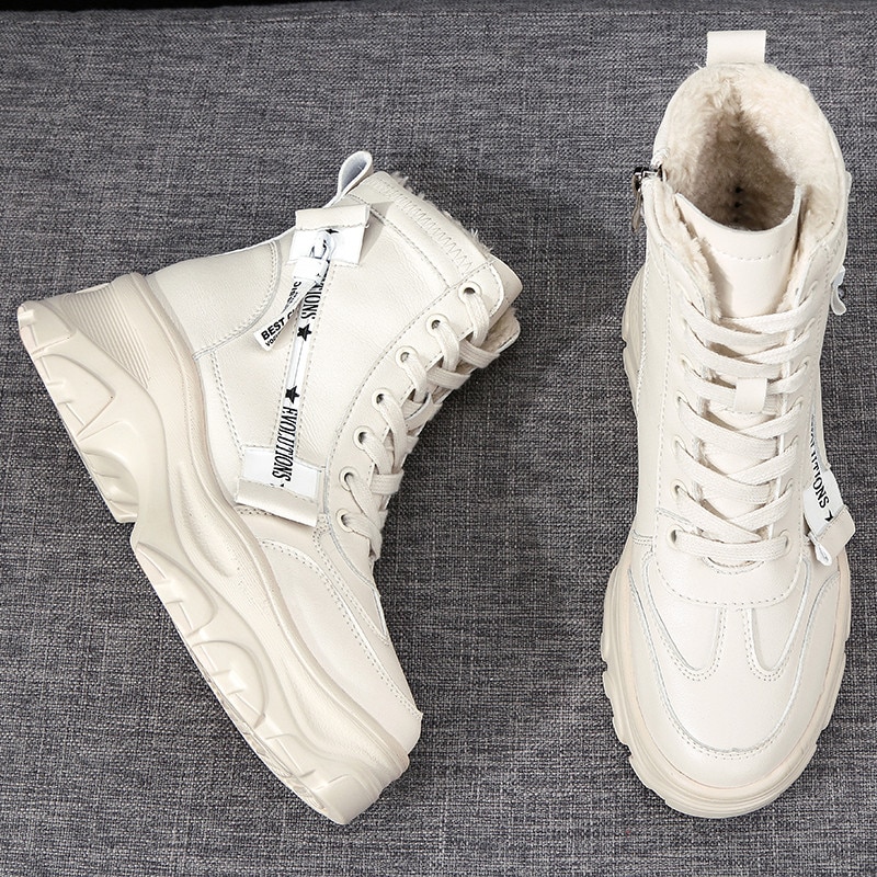Swyivy vita skor vinter varma sneakers för kvinnor snöstövlar sammetspäls vinter kvinnliga ankelstövlar plattform kausal skor päls: Beige / 40