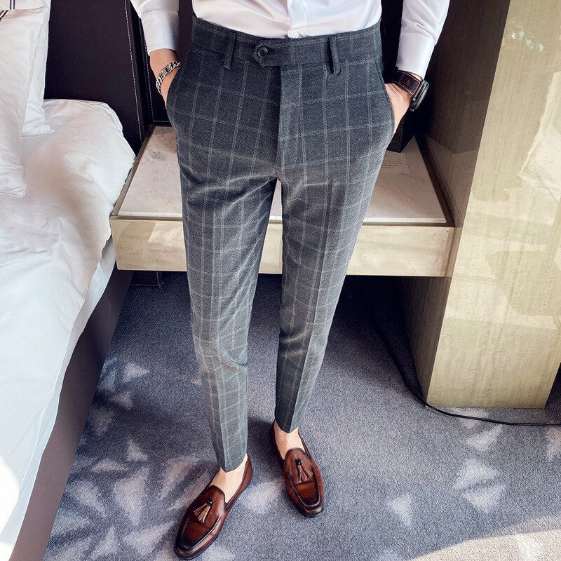 Formal Plaid Dress Trousers Men Slim Ankle Length Business Office Suit Pants British Style: K9882 gray plaid / 38