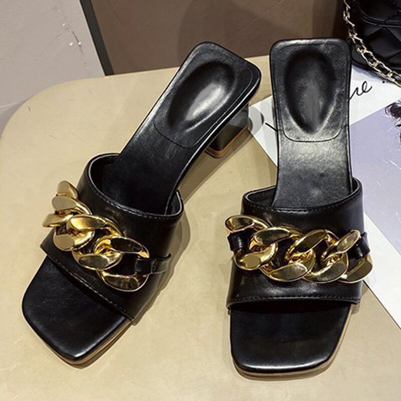 Summer Female PU Women's Slippers Metal Chain Decoration Square Heel Mules Slides Peep Toe Ladies Shoes