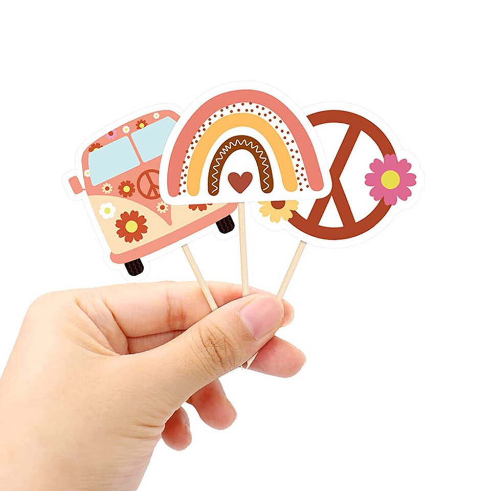 12pcs Bohemian Flower School Bus Cake Topper Muffin Cupcake Paper Toppers for Wedding Birthday Bohemian Rainbow Party Decoration