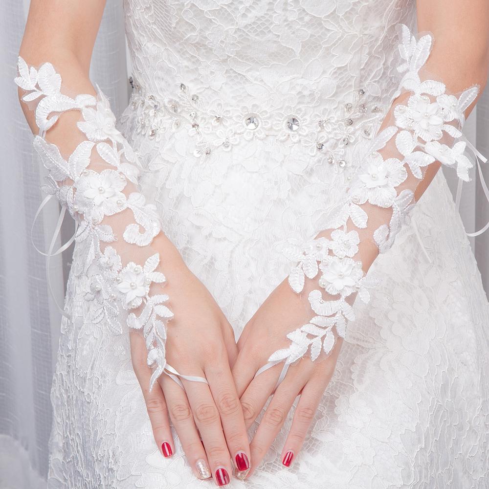 JaneVini White Long Wedding Gloves Fingerless Lace Appliques Pearls Opera Length Gloves Bridal Wedding Accessories
