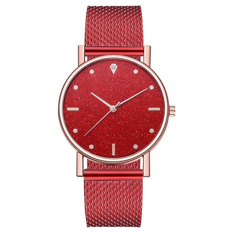 frauen Uhren Edelstahl Zifferblatt Casual Armband Uhr Damen Luxus Quarzuhr Zegarek Damski Reloj Mujer: W002-Red