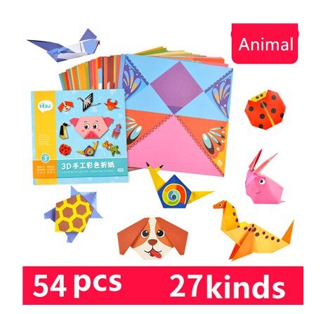 54pcs/set Cartoon Pattern Home Origami Kingergarden Art Craft DIY Educational Toy Paper Double Sided Creativity Toys for Kids: animal style