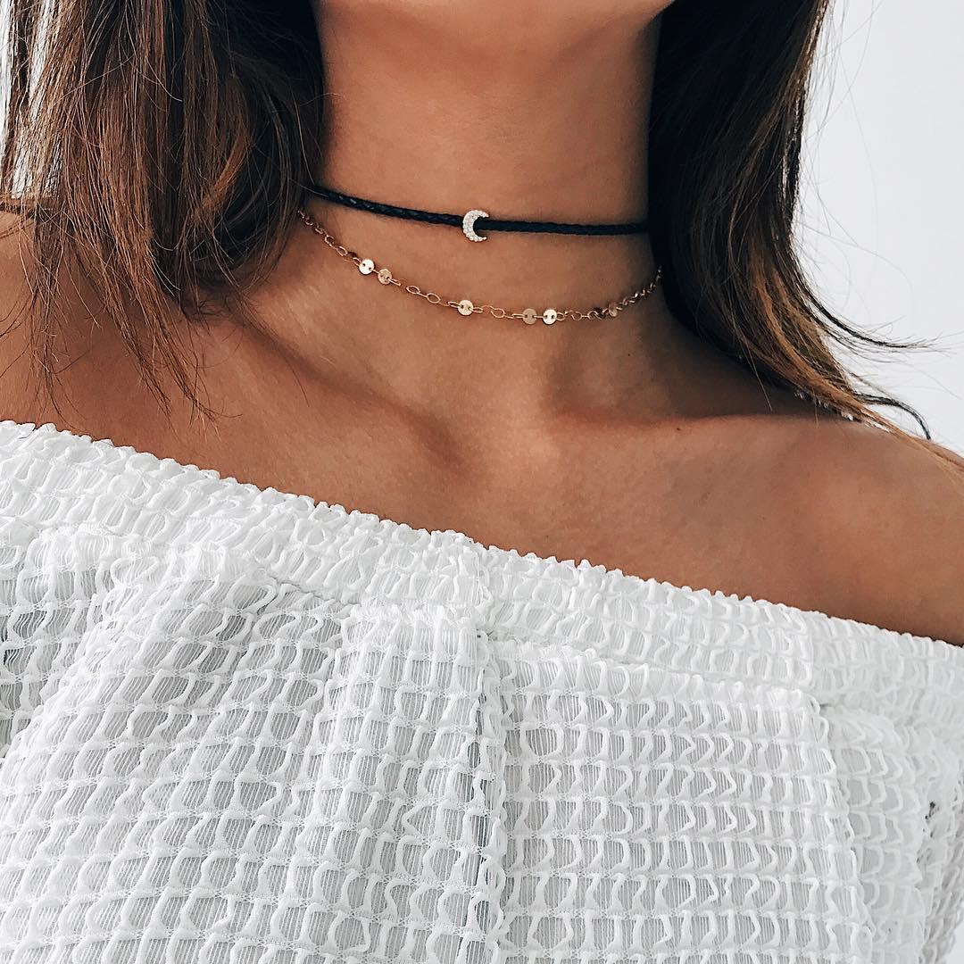 2020 nova cor de prata ouro colar pingentes torques para mulheres lua longa laços veludo moda jóias: J