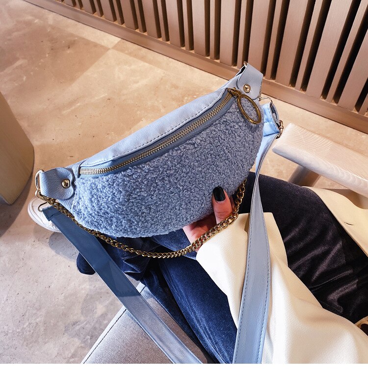 Women Waist Bag Woolen Chest Bag Chain Shoulder Crossbody Bag Banana Bag Belt Bags Phone Purse: Blue