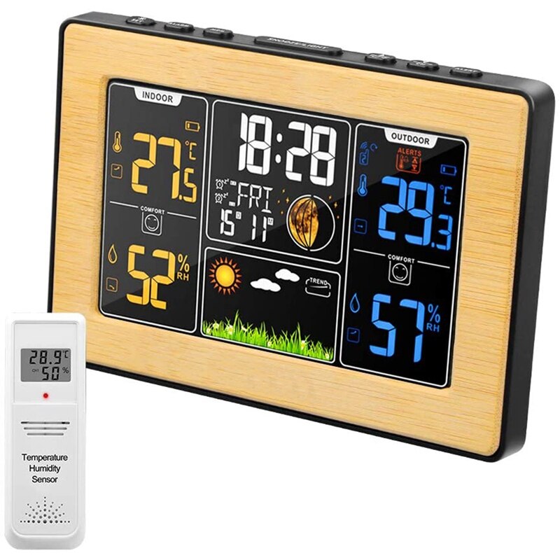 Bezprzewodowy wewnętrzny termometr zewnętrzny, stacja prognozy z kalendarzem i regulowanym podświetleniem dla sypialni-żółty bambus